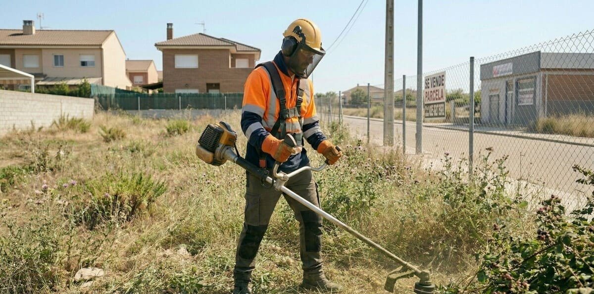 Jardinero experto de Tecnihabitat desbrozando una parcela con equipamiento profesional