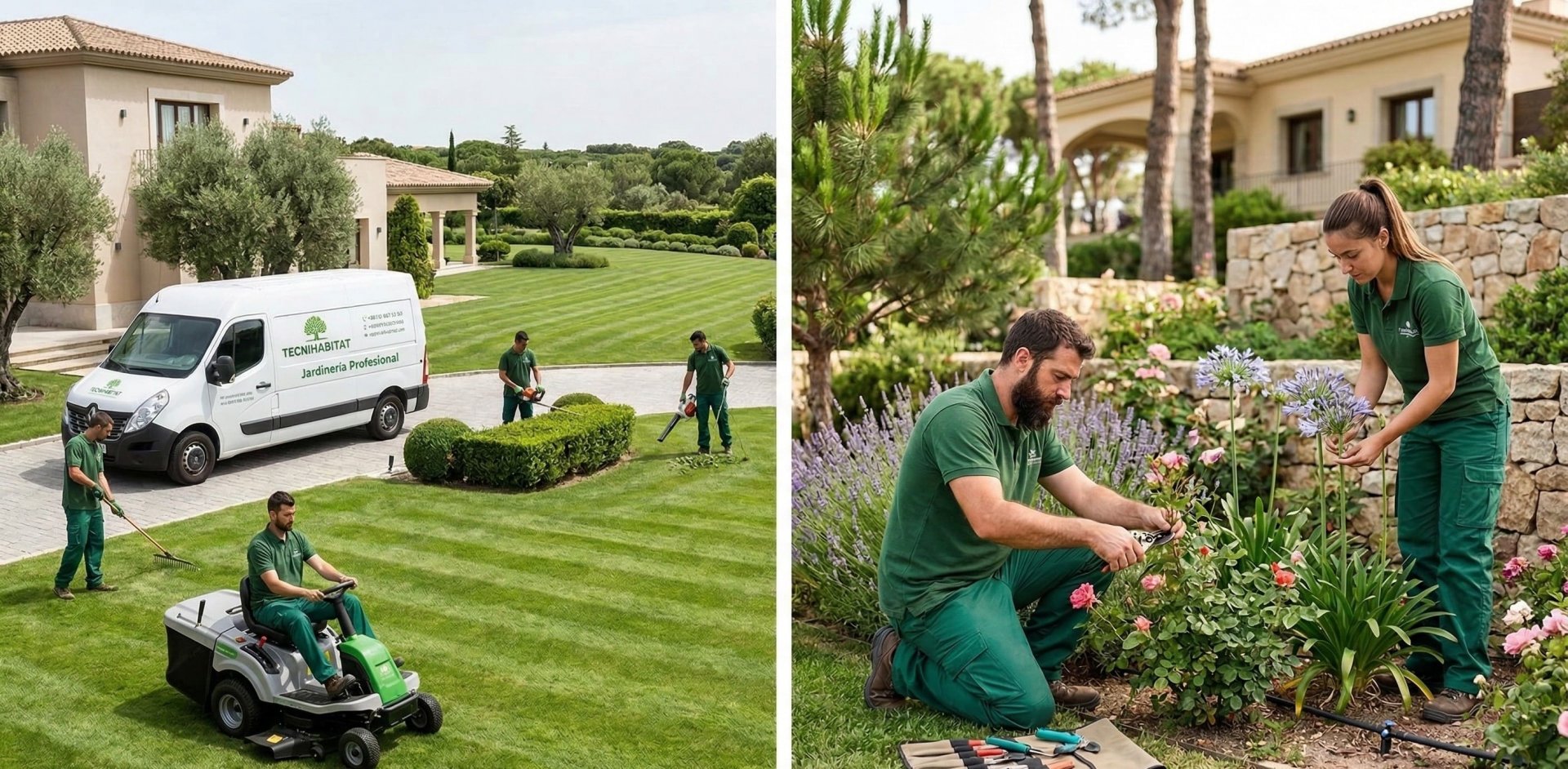 Jardineros expertos de Tecnihabitat realizando trabajo jardín en Pozuelo de Alarcón
