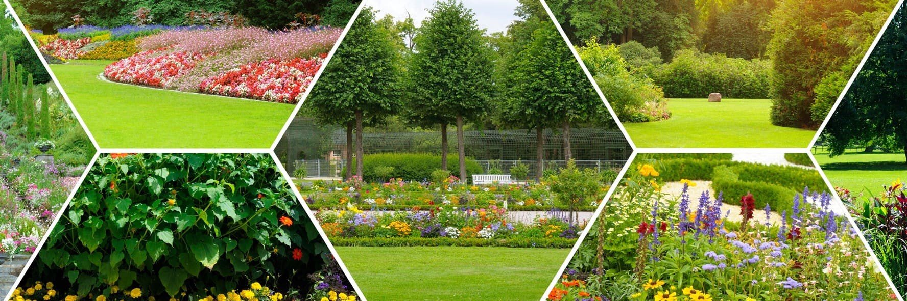 Composición de fotos de portafolio de jardinería profesional por Tecnihabitat en Madrid. Muestra ejemplos de diseño y construcción de jardines con praderas de césped impecable, borduras florales de colores vibrantes y jardines formales simétricos. Ilustra mantenimiento integral, paisajismo avanzado, sanidad vegetal y recuperación de jardines.