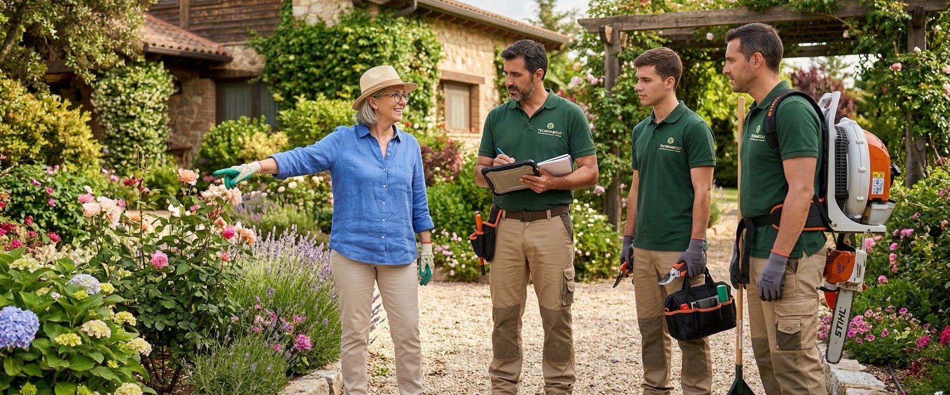 Jardineros profesionales visitan un jardín para dar un presupuesto de mantenimiento
