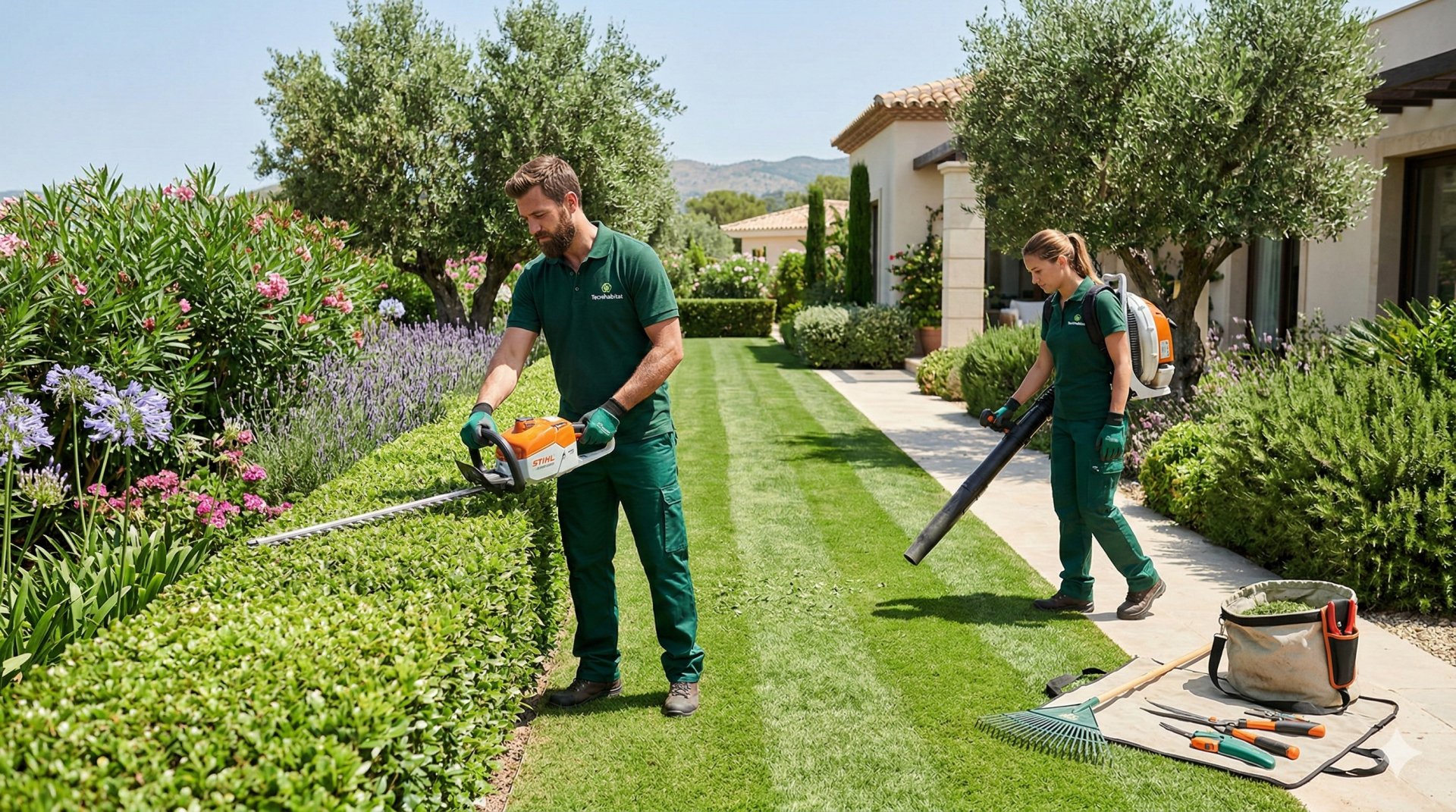 Jardineros de la empresa Jardinería Tecnihabitat arreglando un jardín