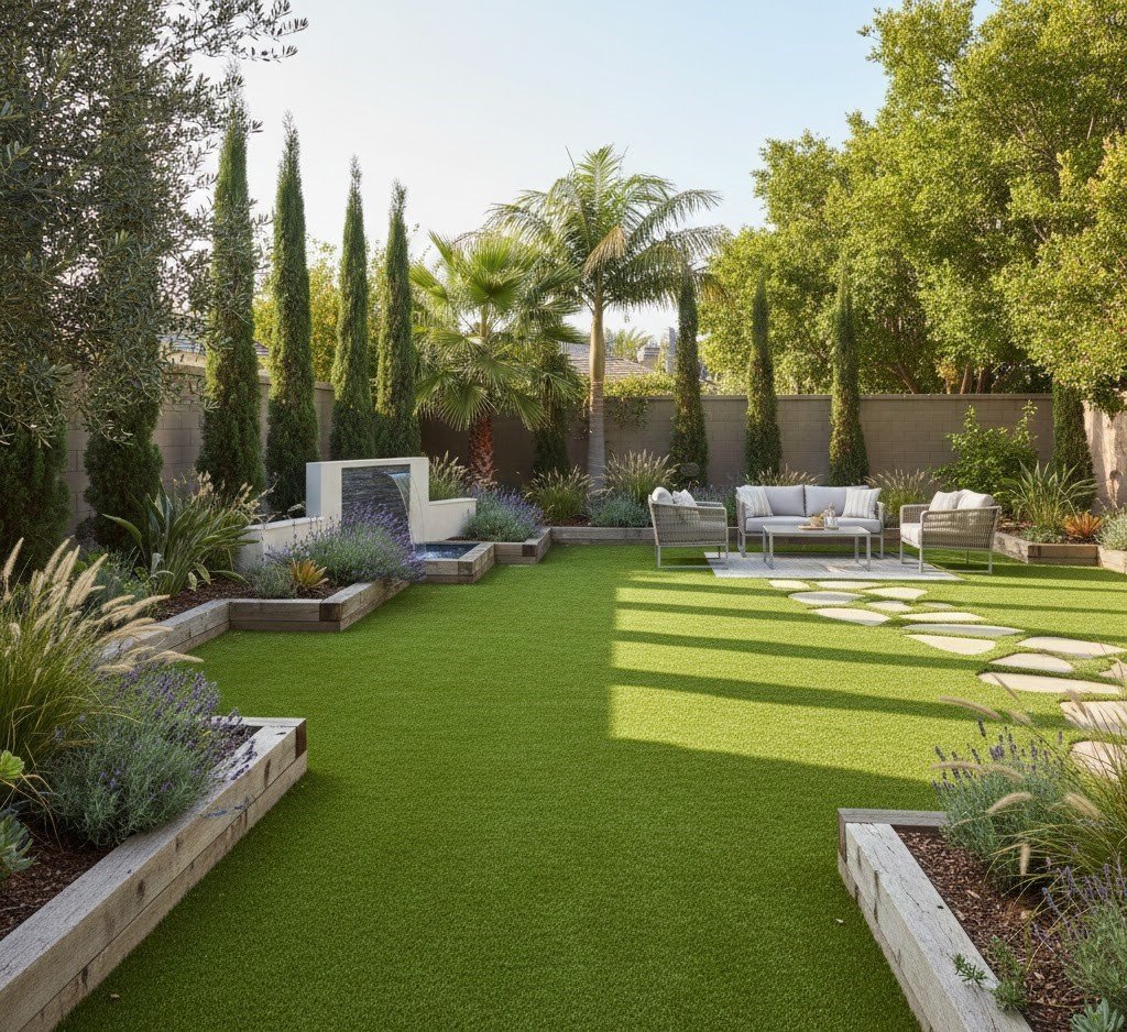 Precioso jardín de diseño con una instalación de césped artificial realizada por Jardinería Tecnihabitat en Villanueva de la Cañada