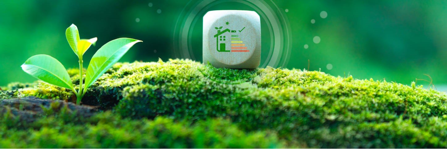 Cubo de madera con símbolos de eficiencia energética y una planta joven sobre un banco de musgo verde, representando jardines sostenibles de bajo consumo en Madrid