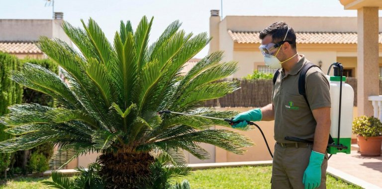Jardinero a domicilio aplica abono foliar sobre las plantas de un chalet en Villaviciosa de Odón