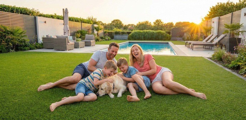 Una familia feliz sobre un jardín con césped artificial