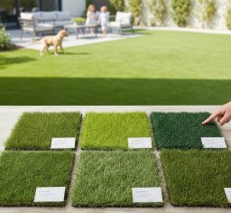 Muestras de césped artificial colocadas para que el cliente elija la que más le guste para su instalación
