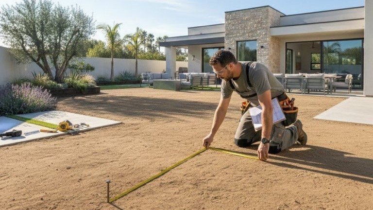 Un técnico de Jardinería Tecnihabitat tomando las medidas para reformar un jardín en Villanueva de la Cañada