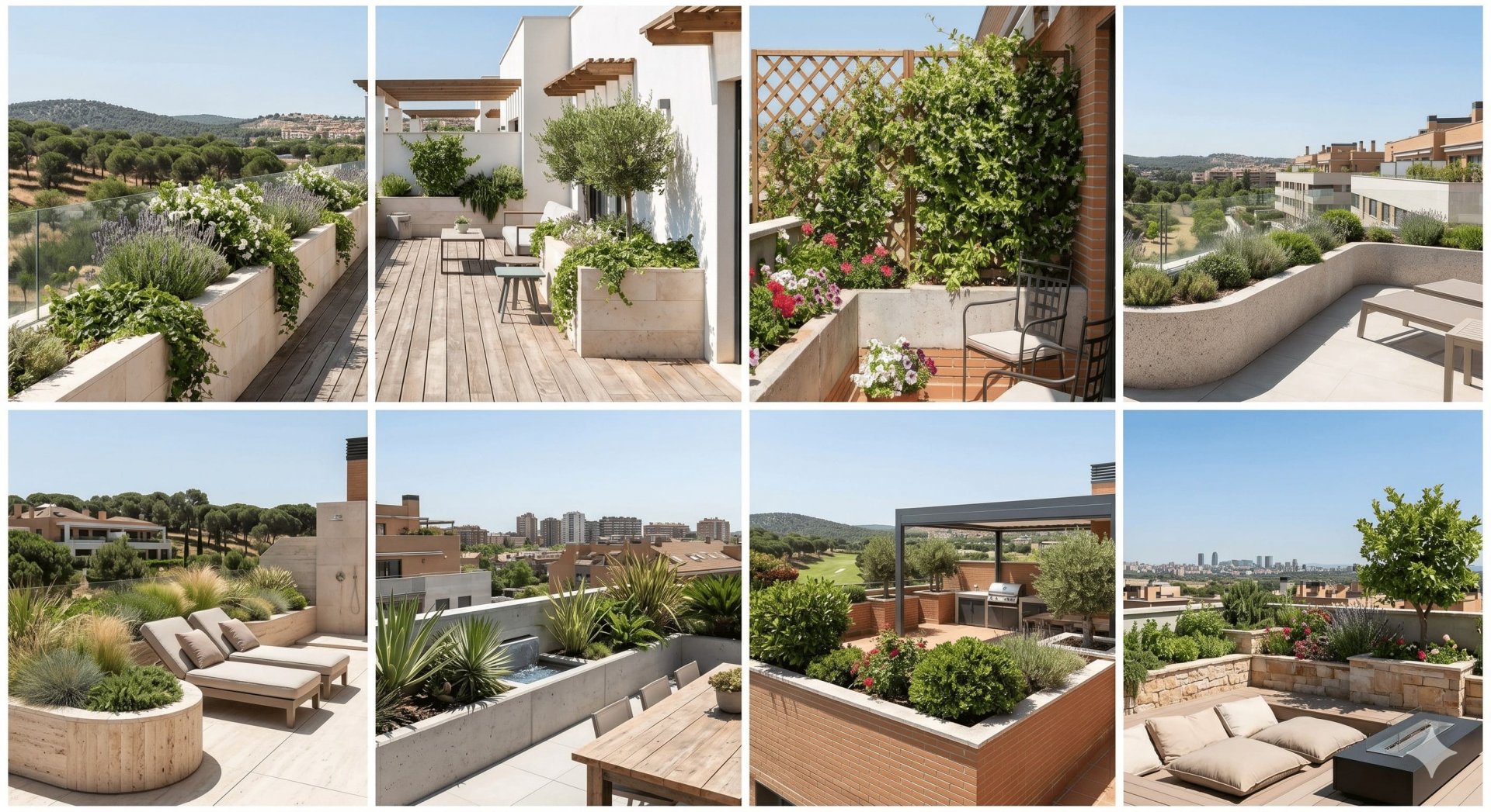 Ocho ejemplos de plantaciones en jardineras en terrazas y áticos de viviendas de lujo de la zona Oeste y Sur de Madrid