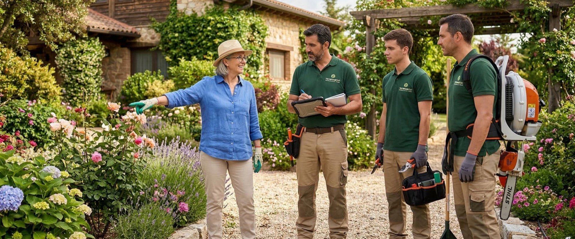 Jardineros de empresa de jardinería visitan a un cliente para darle precio y presupuesto para los trabajos que tiene que realizar en su jardín
