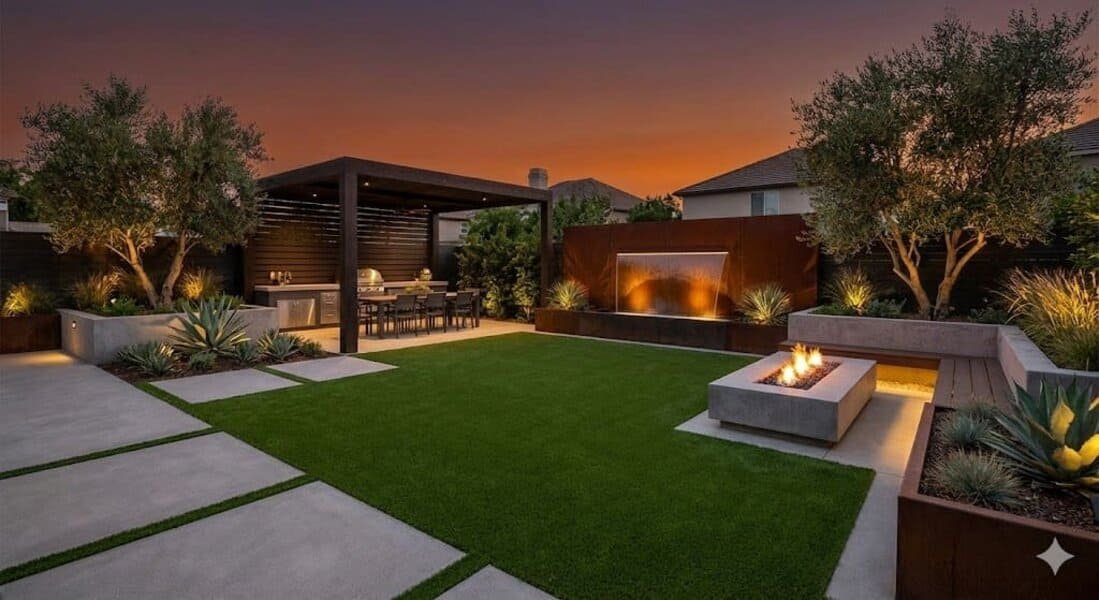 Reforma de jardín en el que se aprecia como queda con iluminación nocturna