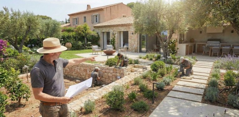 Equipo de la empresa de jardinería Tecnihabitat realizando un proyecto de paisajismo con instalación de césped en una vivienda.