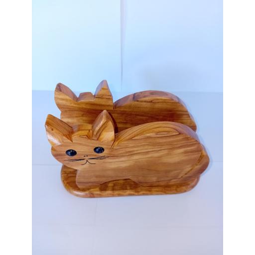 Servilletero gato en madera olivo artesanal hecho a mano sostenible y decorativo [0]