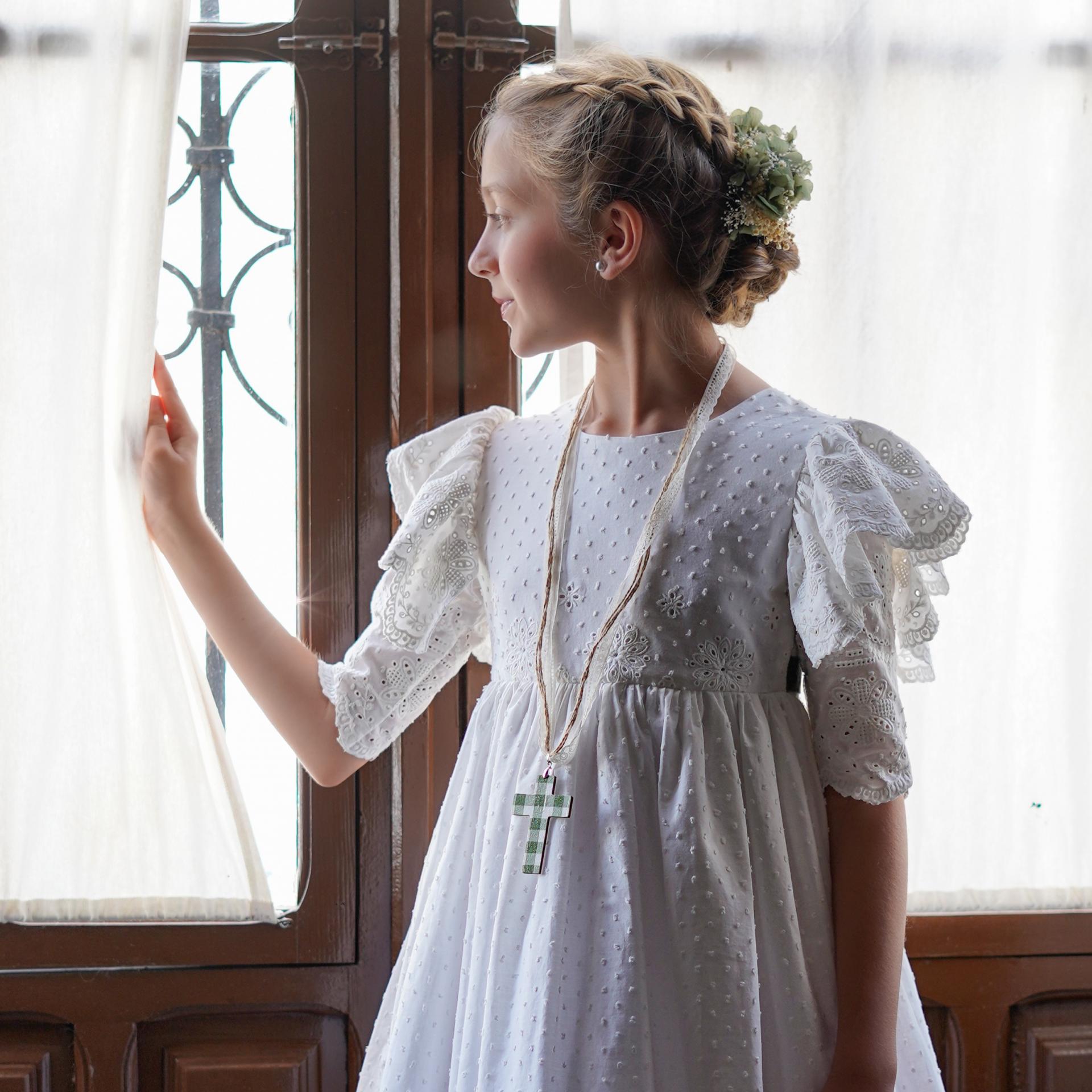 Cruz de comunión niña Vichy verde