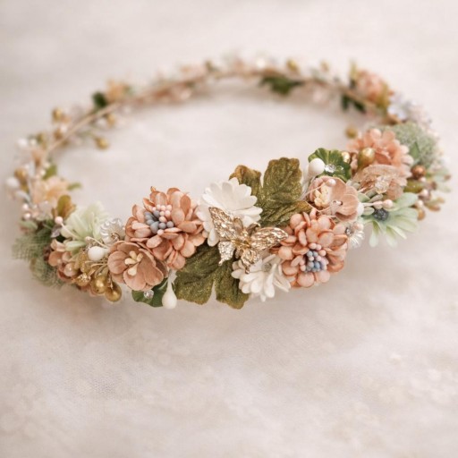 Corona comunión niña rosa salmon y verde salvia