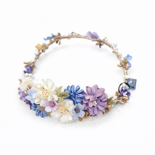 Corona de comunión. Celeste, morado y blanco con tonos dorados 