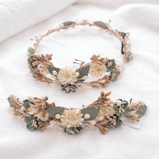 Conjunto corona y tocado verde agua, verde salvia comunión niña.  [0]