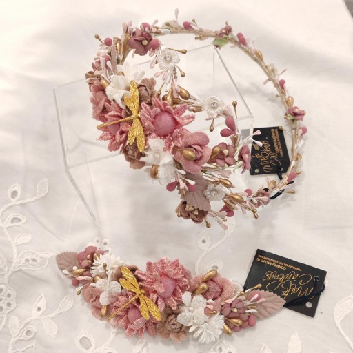 Tocado y corona de comunión a juego. Modelo Helena rosa.  [0]