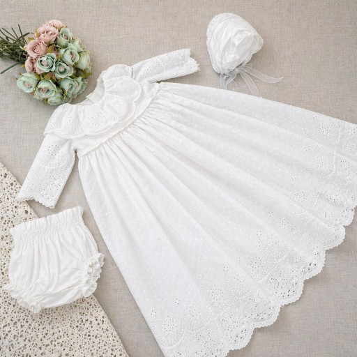 Traje de cristianar niña y niño con capota y braguita. Algodón bordado blanco. Talla amplio. 