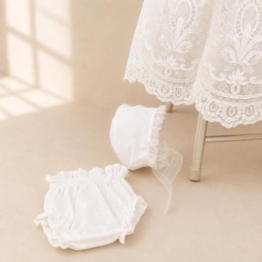 Faldón de bautizo con capota y braguita. Color blanco roto Modelo exclusivo  [1]