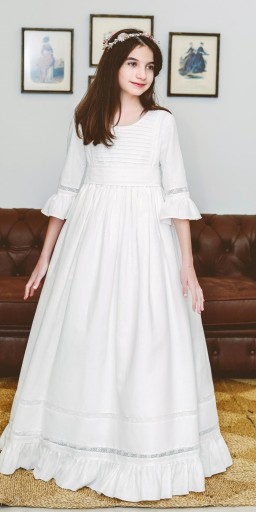 Modelo Gema.  Vestido de comunión de lino blanco . Vestido lencero con encaje de Valencien  NO INCLUYE LAZO  [0]