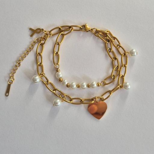 Pulsera Corazón y perlas dorada