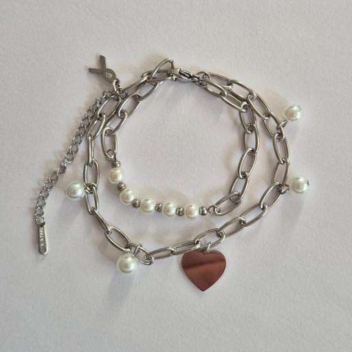Pulsera Plateada Corazón y Perlas