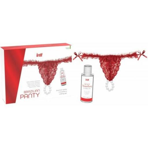 Set picante tanga rojo perlas + gel deslizante fresa INTT