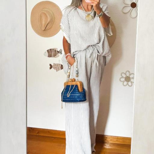 Conjunto de LINO Rayas Azul marino y Blanco [0]