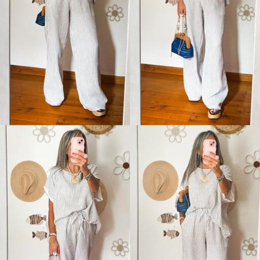 Conjunto de LINO Rayas Azul marino y Blanco [1]