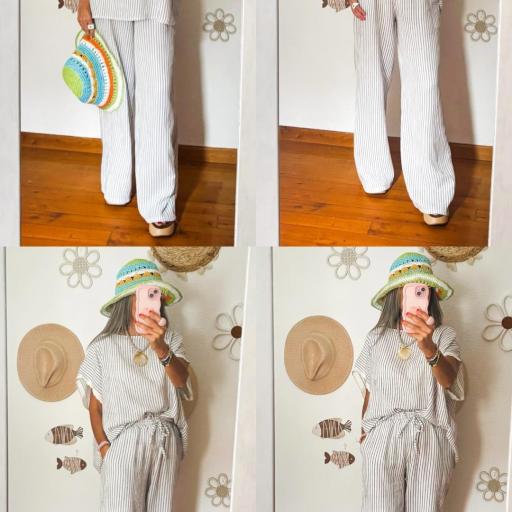 Conjunto de LINO Rayas Azul marino y Blanco [3]