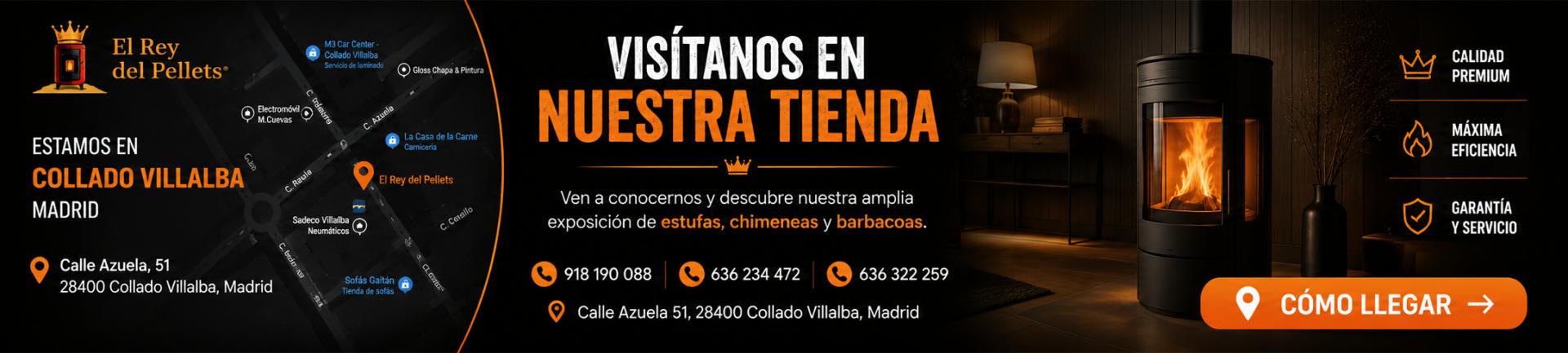 Visita nuestra tienda en Collado Villalba y descubre una amplia exposición de estufas de pellets, chimeneas y barbacoas. Te asesoramos para encontrar la mejor solución para tu hogar o jardín.