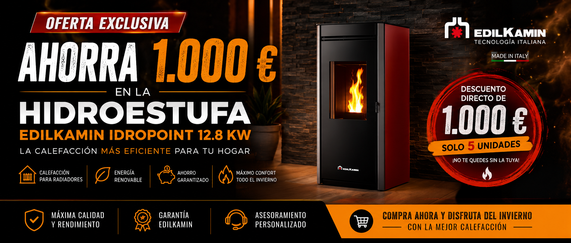 Oferta Exclusiva: Ahorra 1.000 € en la Hidroestufa Edilkamin Idropoint 12.8 kW