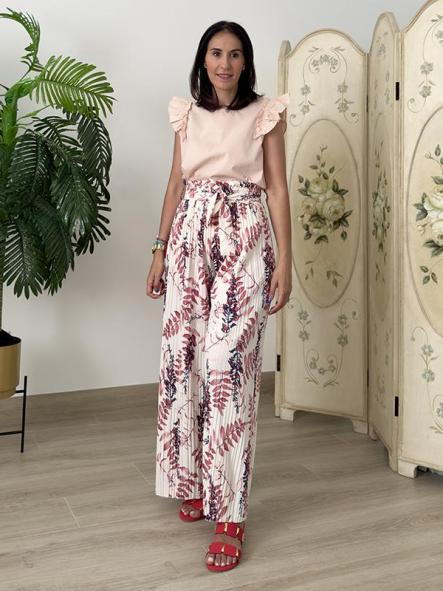 Pantalón Plisado Estampado Rosa  [1]