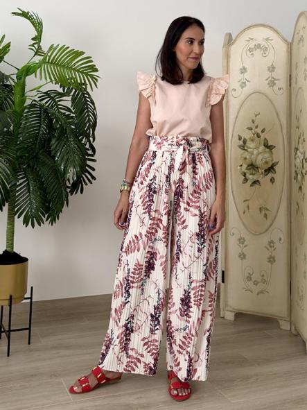 Pantalón Plisado Estampado Rosa 