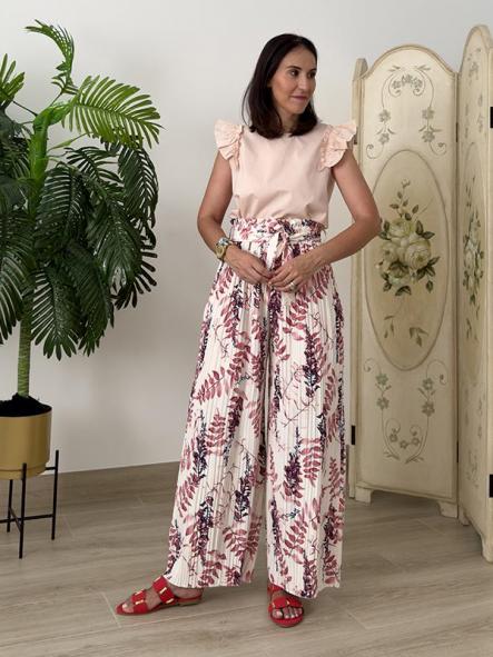 Pantalón Plisado Estampado Rosa  [2]