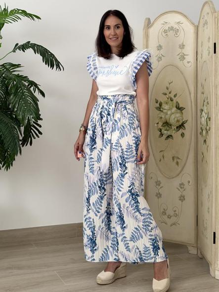 Pantalón Plisado Estampado Azul