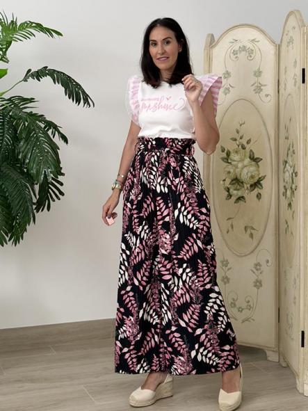 Pantalón Plisado Estampado Negro