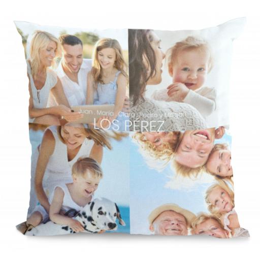 Cojín personalizados con cuatro fotos y frase ¡Un regalo perfecto! Original especial y único. Muy cómodo y se amolda perfectamente para usar en tu sofá mirando una peli o en la cama cuando te tumbas a pensar. Se puede lavar sin problemas sin q
