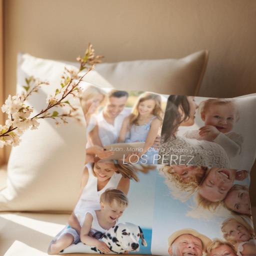 Cojín personalizados con cuatro fotos y frase ¡Un regalo perfecto! Original especial y único. Muy cómodo y se amolda perfectamente para usar en tu sofá mirando una peli o en la cama cuando te tumbas a pensar. Se puede lavar sin problemas sin q [1]