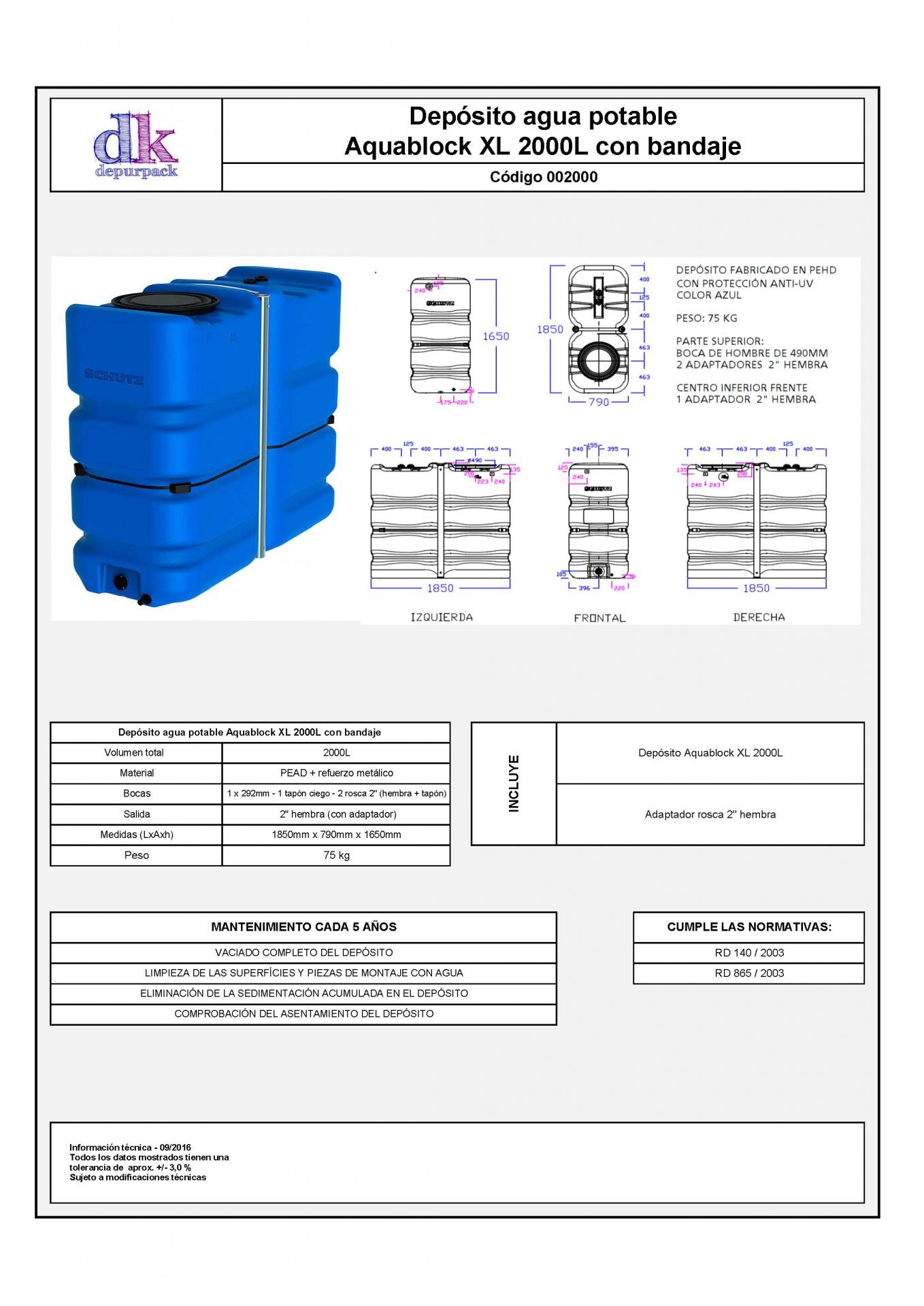 Deposito Horizontal 2000 litros - Certificado Sanitario - Aqua Energy