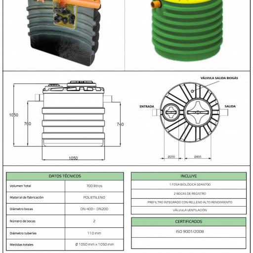 Fosa Séptica con filtro 700 litros 2 habitantes POLIETILENO - vertical base plana [3]