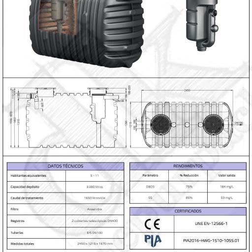 Fosa séptica con filtro de 2000 a 3000 litros 8/11 habitantes POLIETILENO homologada con marcado CE [3]