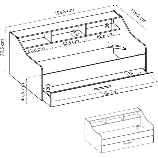 Cama con 3 estantes y cajón inferior 90x190cm BLANCO [4]