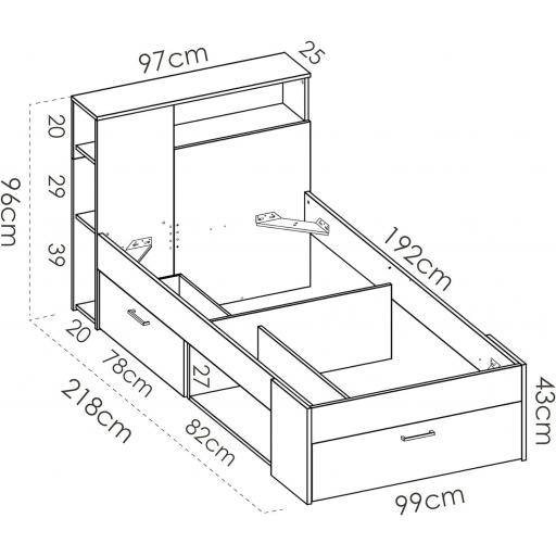 Cama con estantería y compartimentos inferiores 90x190cm BLANCO [5]