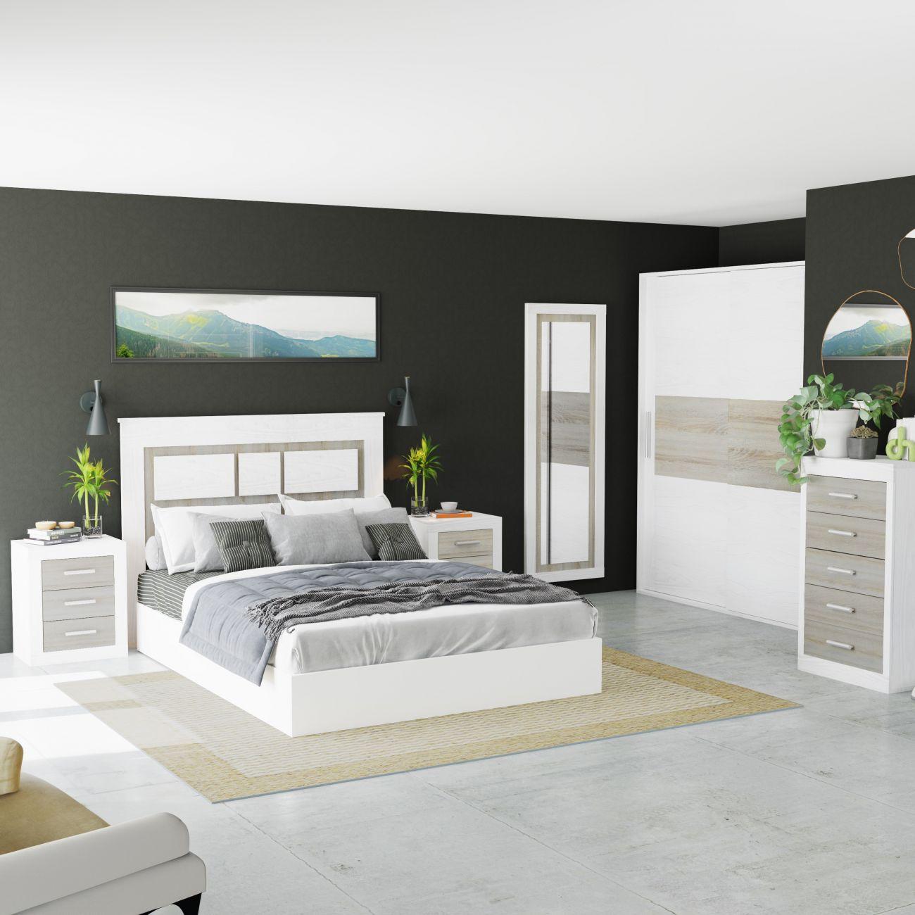 Dormitorio RELAX PLUS (Cabecero + 2 Mesitas + Cómoda + Espejo + Armario)