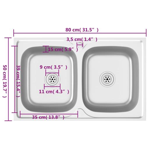 Fregadero de cocina doble seno acero inoxidable 80x50x15,5cm [5]