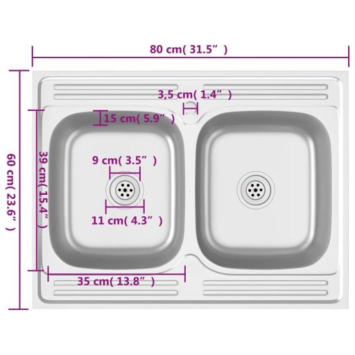 Fregadero de cocina doble seno acero inoxidable 80x60x15,5cm [5]