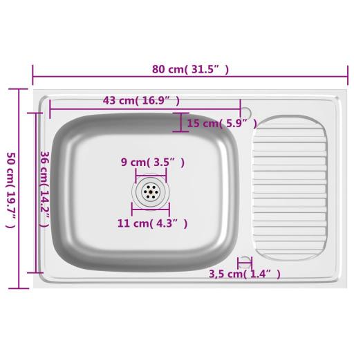 Fregadero escurridor plateado 80x50x15,5cm acero inoxidable [5]