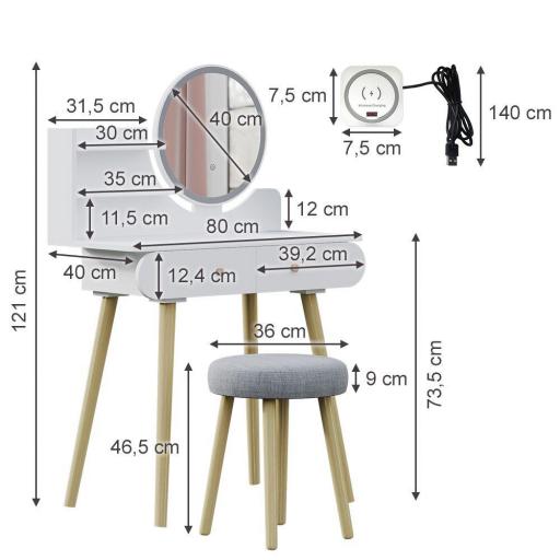 Tocador con espejo led y taburete con base de carga BLANCO [7]