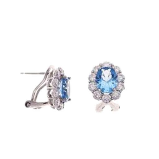 Pendientes plata rodio ovalados con cristal azul topacio